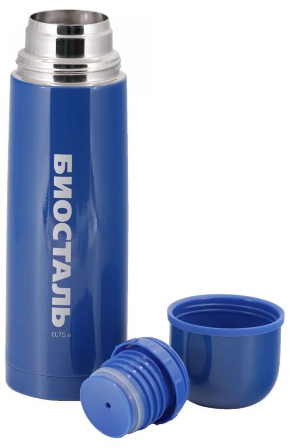 Термос Биосталь с узкой горловиной и пробкой с кнопкой, цвет синий, 0,75 л