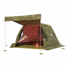 Палатка зимняя ЧУМ 3 (трехслойная, пиксель с выводом под трубу и навесом)